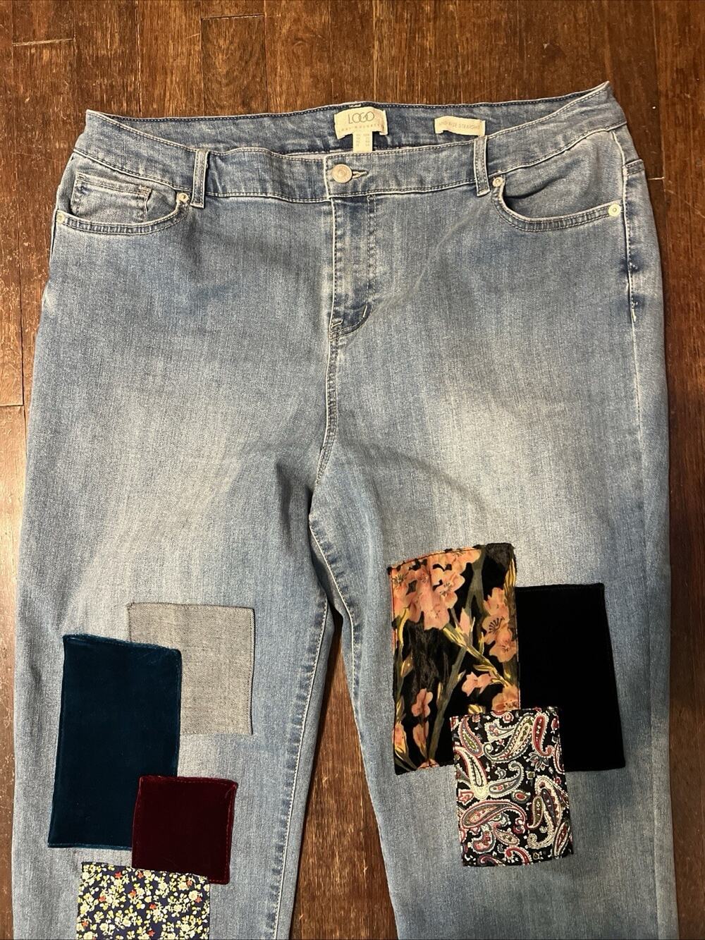 LOGO by Lori Goldstein Shadow Patch Boyfriend Jeans 18W Blue Denim Stretch